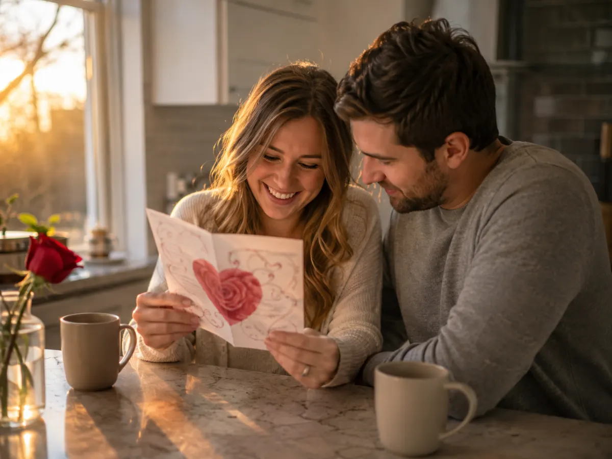 A couple opening a printed AI Valentine card at their kitchen counter at golden hour