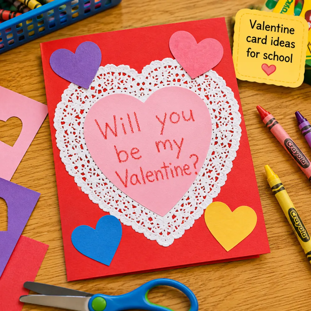 Kid-style classroom design with construction-paper hearts and a Will you be my Valentine line in red crayon