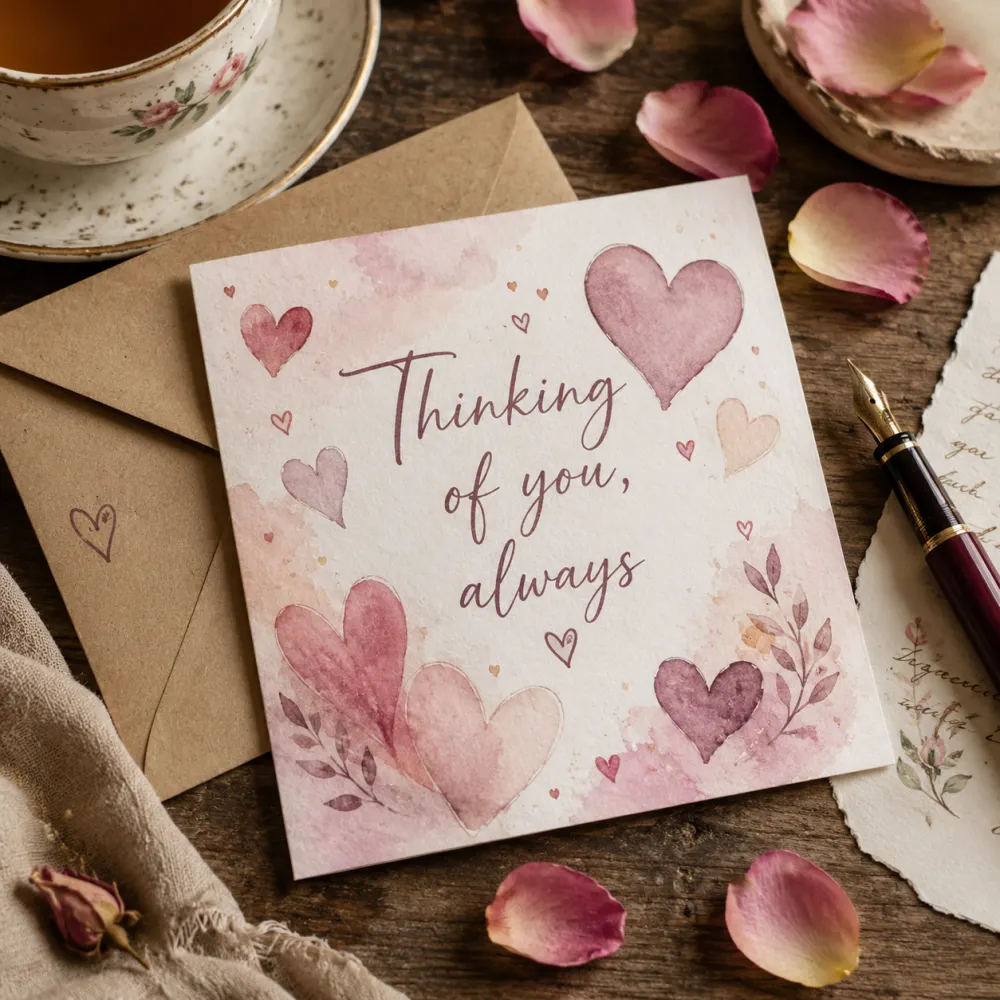 Pastel watercolor design on a wooden desk with a kraft envelope, fountain pen and scattered rose petals