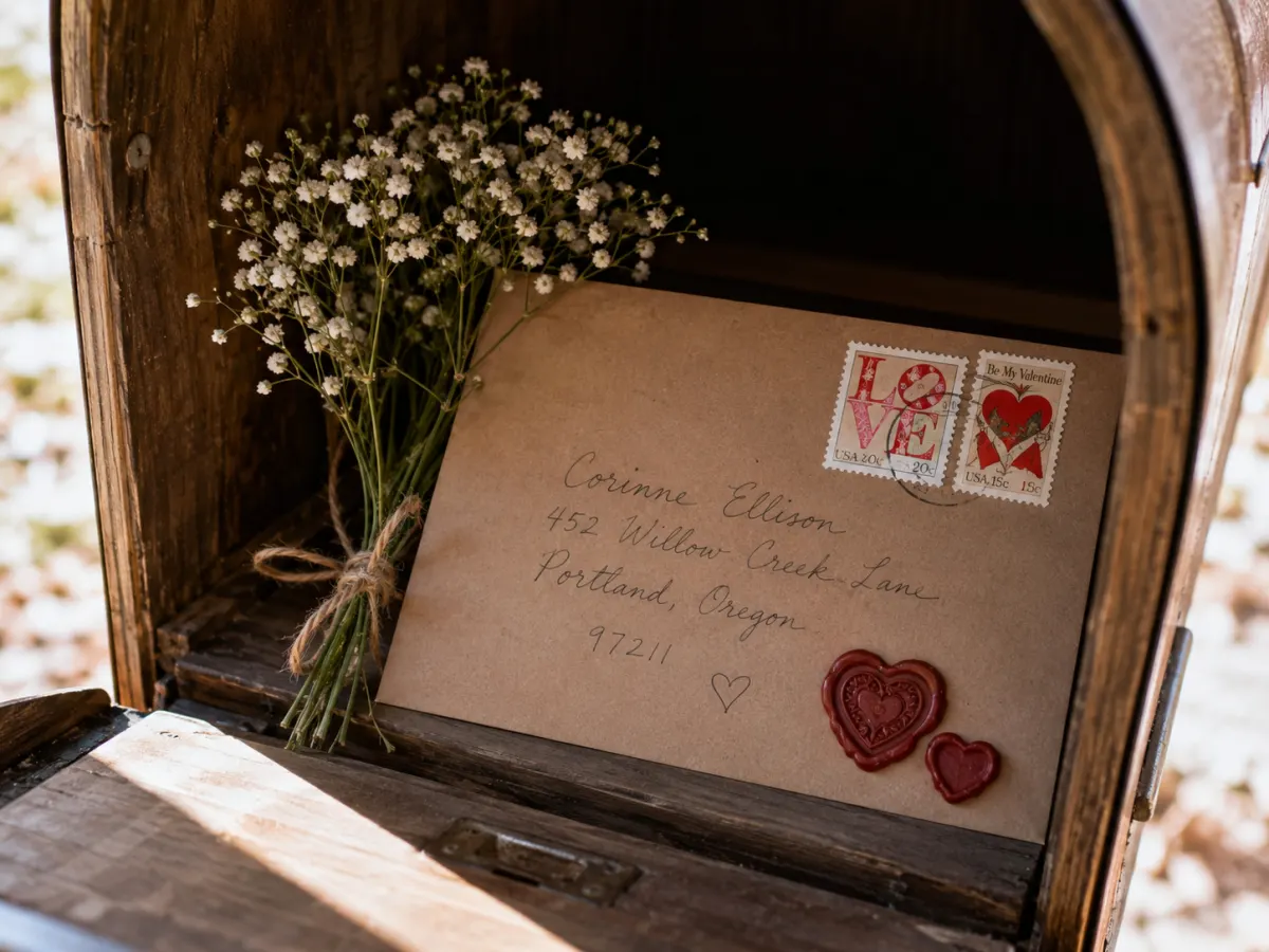 Long-distance Valentine card mailed in a kraft envelope with vintage Valentine postage stamps and two red wax heart seals