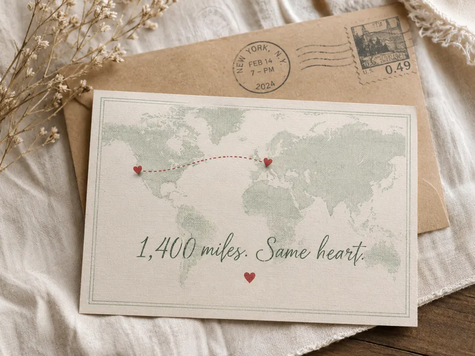 Long-distance Valentine card on a kraft envelope with a world map and two red pin hearts