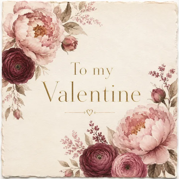 Valentine card style tile — elegant peony and ranunculus floral Valentine card with gold serif lettering