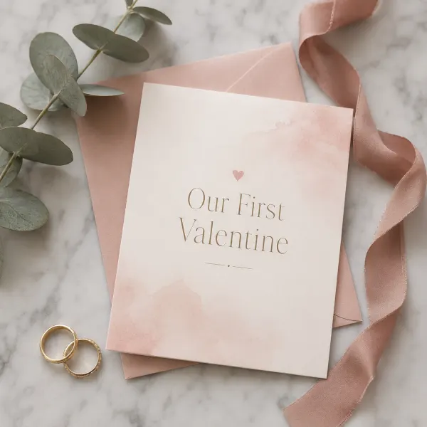 Valentine card style tile — Our First Valentine pastel with two gold rings on marble