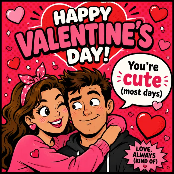 Valentine card style tile — pop-comic Valentine card with cartoon couple and confetti hearts
