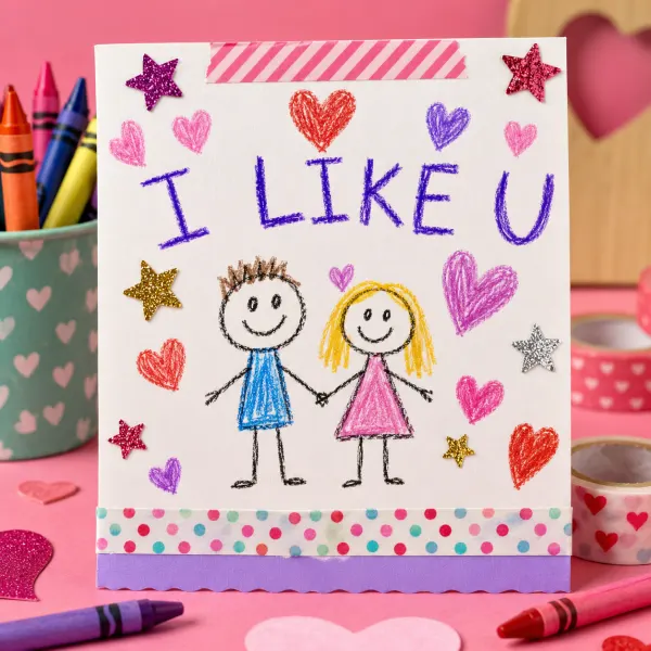 Valentine card style tile — handmade by kids with crayon hearts and glitter stars, perfect for valentine card ideas for school