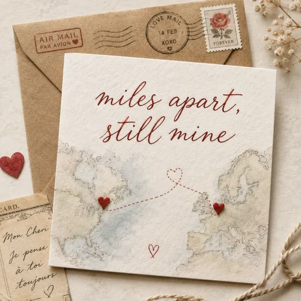 Valentine card style tile — long-distance Valentine card with a kraft envelope and a world map
