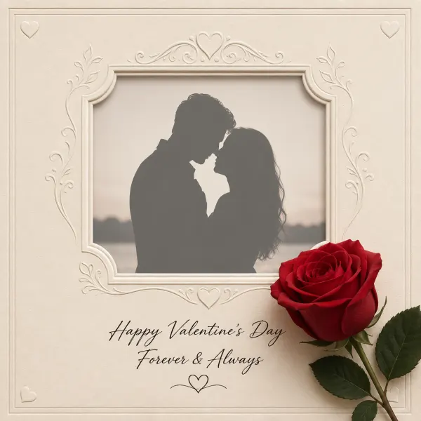 Valentine card style tile — debossed photo-frame Valentine card with a single red rose