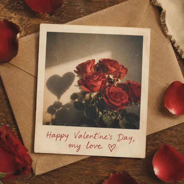 Valentine card style tile — vintage polaroid Valentine card with red ballpoint handwriting and rose petals