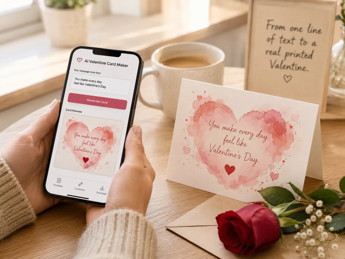 Step 1 — typing a Valentine card message into the AI Valentine Card Maker on a phone next to a finished printed Valentine card