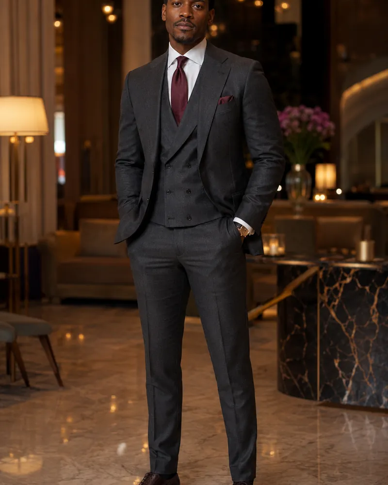 AI virtual try on output of a man in a tailored charcoal three-piece business suit, hotel lobby setting