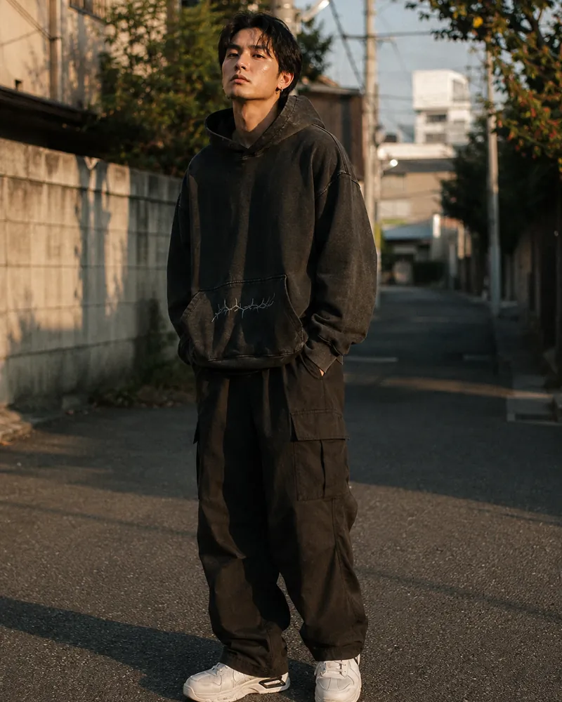 AI virtual try on result of a male model wearing an oversized black streetwear hoodie on a Tokyo back-street