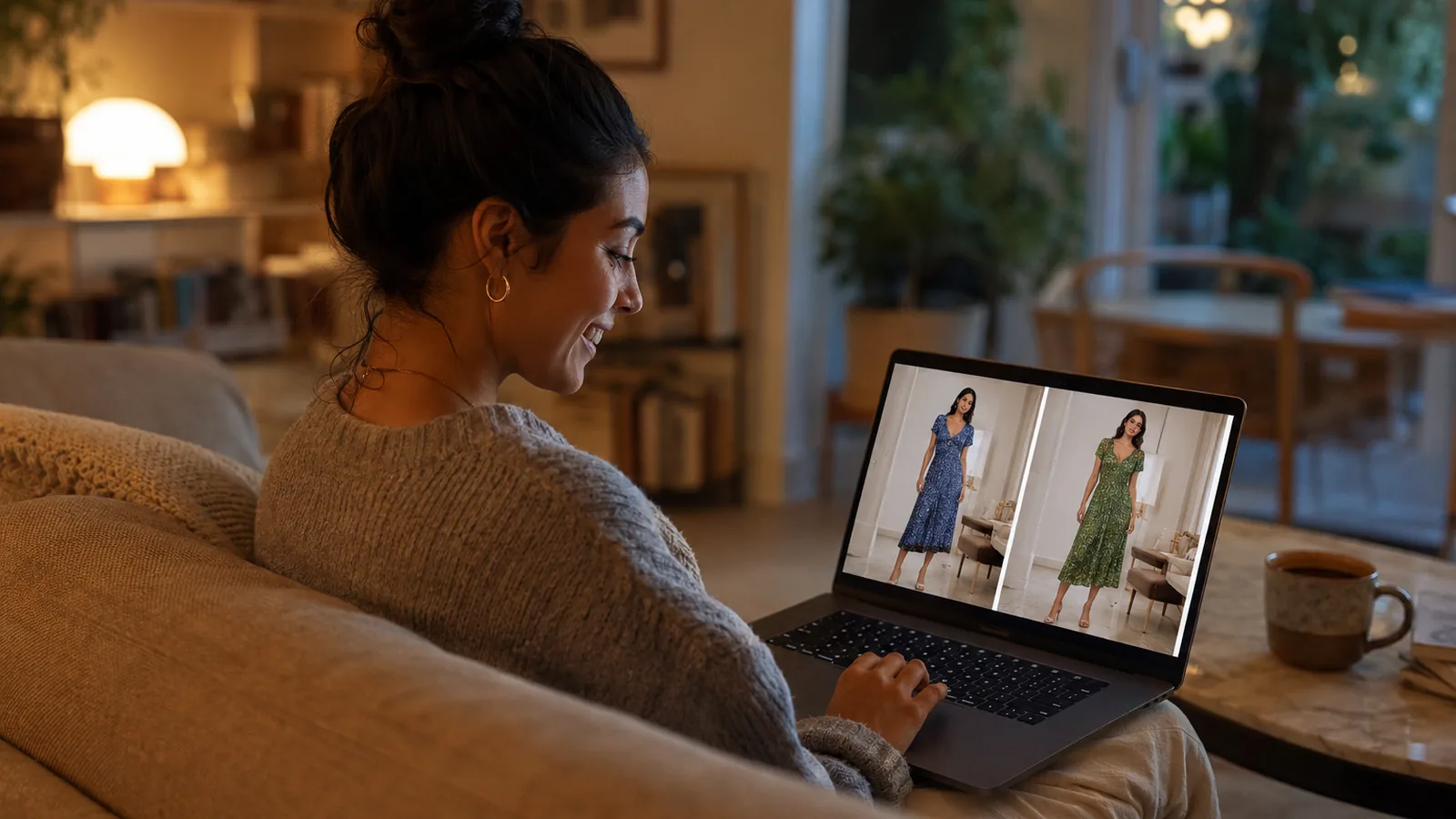 A shopper comparing two AI virtual try on dress results side by side on a laptop before checkout, cosy sofa scene