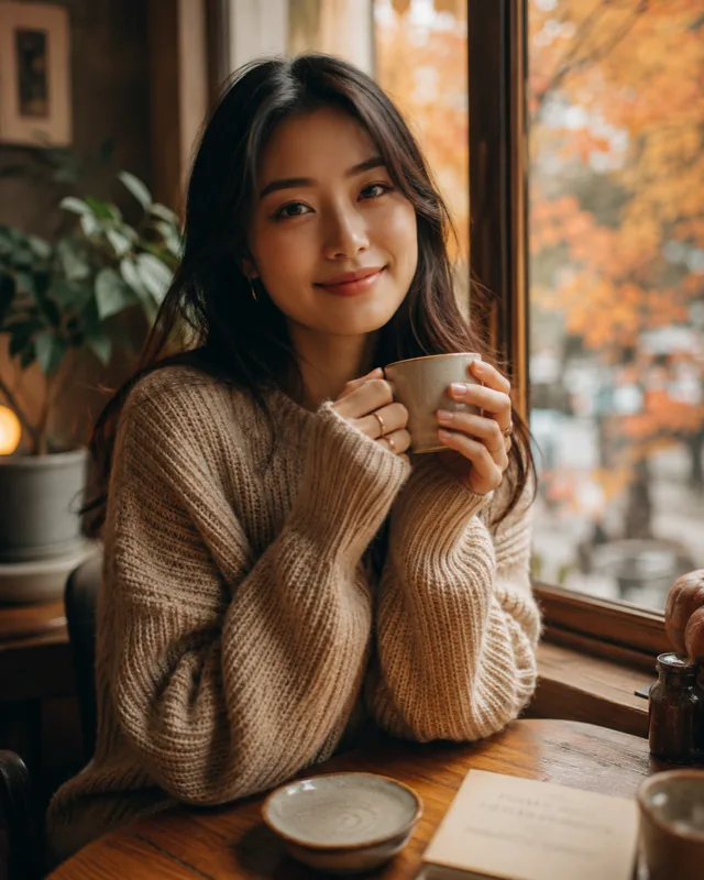 AI virtual try-on result — chunky beige knit sweater on Asian woman in cozy autumn cafe