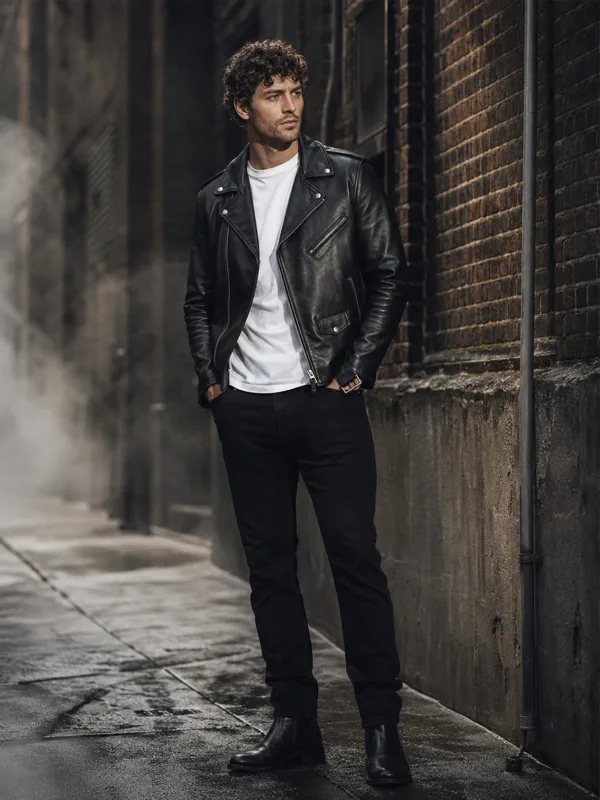AI virtual try-on result — black leather biker jacket on curly-haired man in misty brick alley