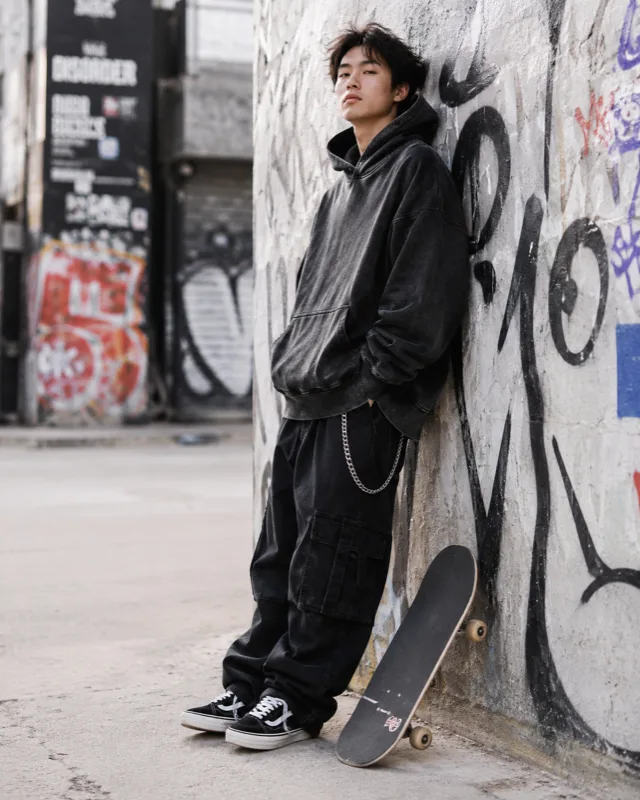 AI virtual try-on result — washed black streetwear hoodie on young Asian man at graffiti wall with skateboard