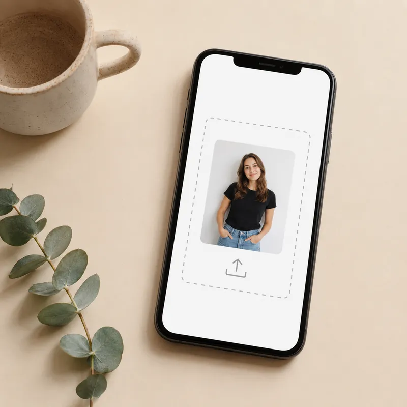 Step 1 — uploading a person photo into the imya.ai AI virtual try on tool, shown as a flat-lay phone mockup