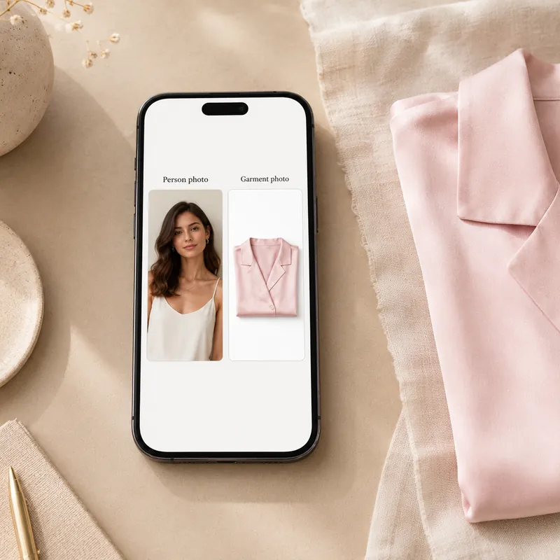 Step 2 — uploading a garment photo into the AI virtual try on tool, pink silk blouse loaded alongside the phone
