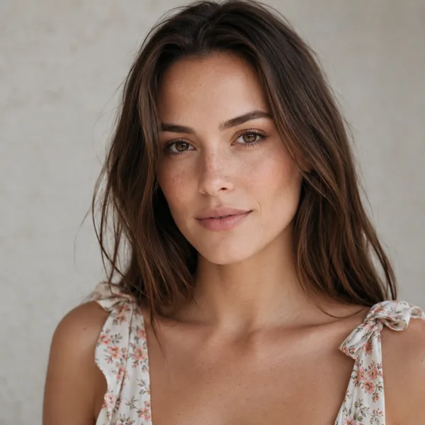 AI virtual try on sample — woman in a floral midi summer dress on a Lisbon balcony at golden hour