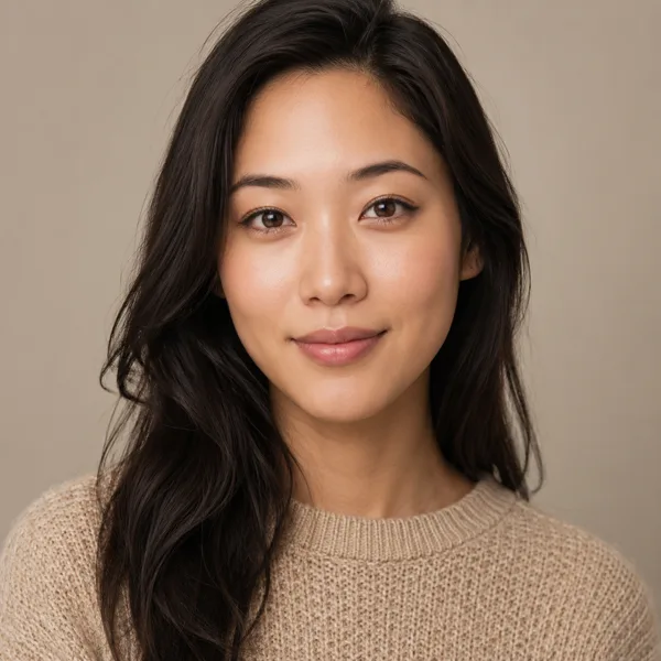 Asian woman model in beige sweater