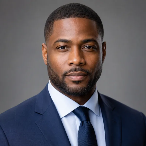 Black male model in navy business suit