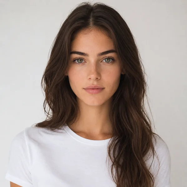 Brunette woman model in white tee