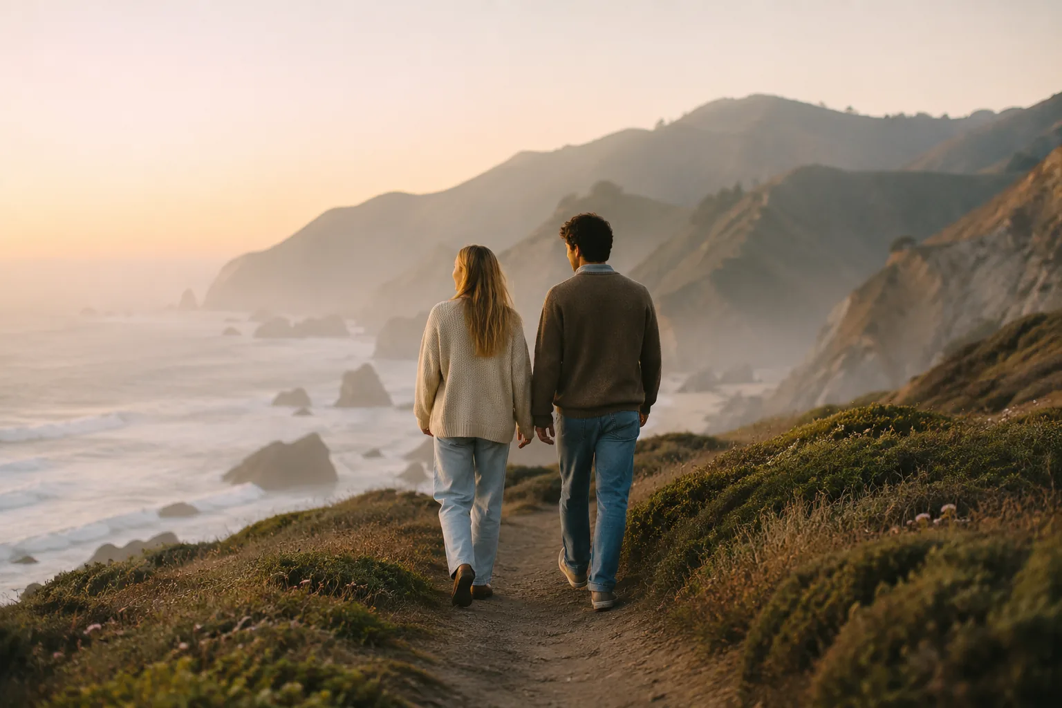 Before and after AI watermark remover — a coastal couple photo with a SAMPLE PREVIEW watermark turned into a clean, watermark-free image