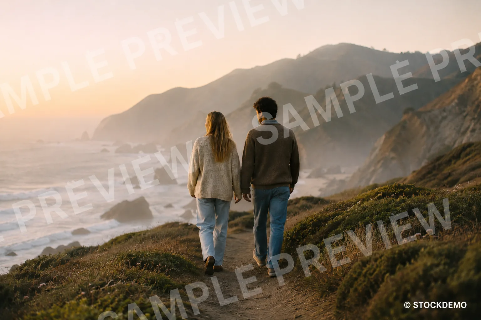 Before and after AI watermark remover — a coastal couple photo with a SAMPLE PREVIEW watermark turned into a clean, watermark-free image