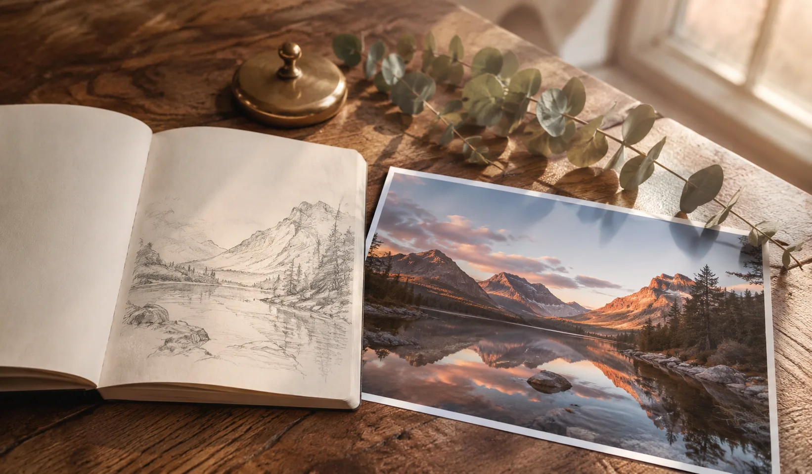 A clean, watermark-free mountain lake photo printed from the Imya AI watermark remover, next to a sketchbook on a sunlit desk