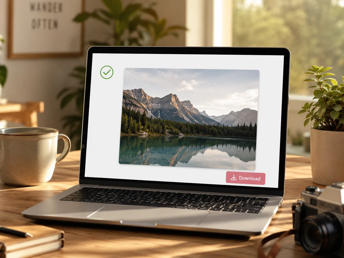 Step 3 of the AI watermark remover — downloading a clean watermark-free landscape photo from a laptop