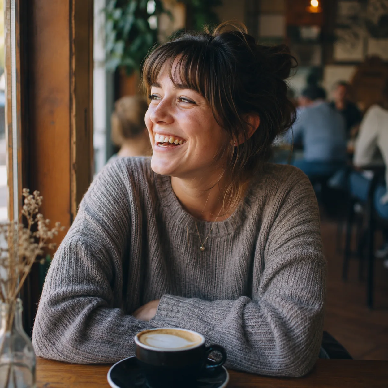 AI watermark remover use case — a cafe portrait cleaned of a PhotoGrid and Vmake-style app banner watermark