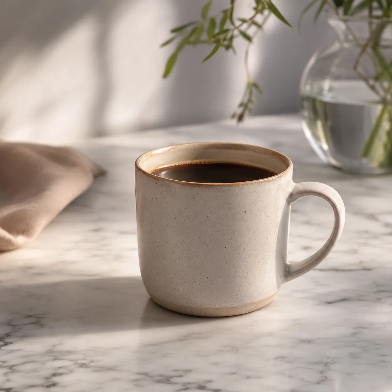 AI watermark remover use case — a ceramic coffee cup product photo cleaned of a Shutterstock-style preview watermark