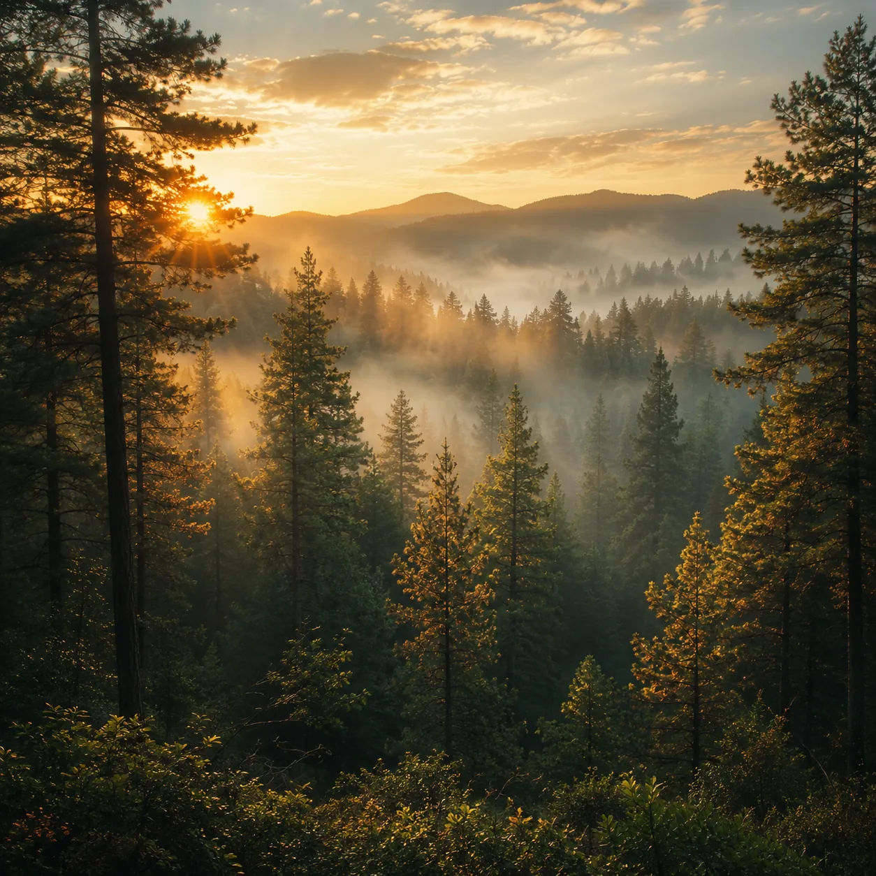AI watermark remover use case — a misty pine forest photo cleaned of a stock-photo logo watermark