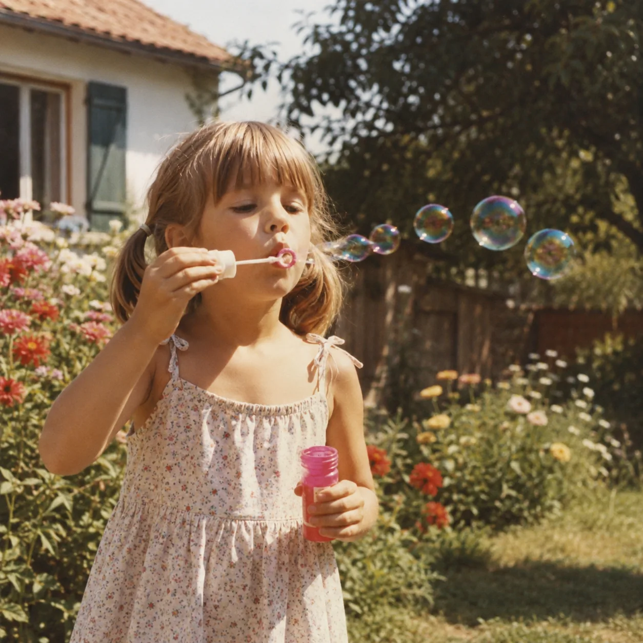 AI watermark remover use case — a vintage garden photo of a child cleaned of date-stamp text watermarks