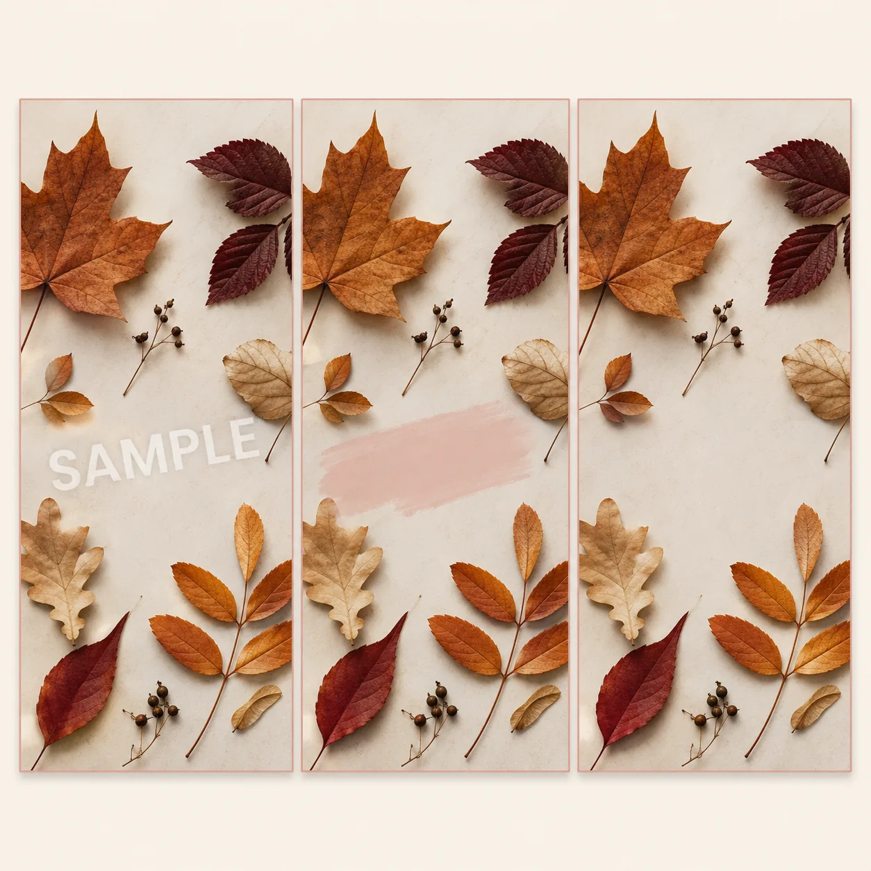Three-step diagram showing how the Imya AI watermark remover takes a SAMPLE watermark off a flat-lay autumn photo and rebuilds a clean background