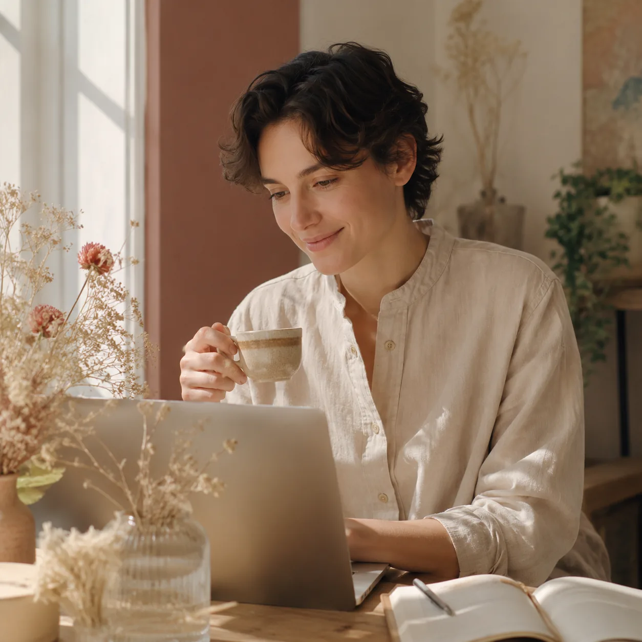 A content creator smiling at a laptop while using the free Imya AI watermark remover
