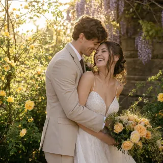 Estilo Jardín Dorado — Vista previa de la foto de boda con IA de una pareja en un jardín de rosas bañado por el sol