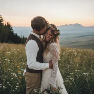 Estilo prado — Vista previa de foto de boda con IA boho de una pareja en un prado de flores silvestres