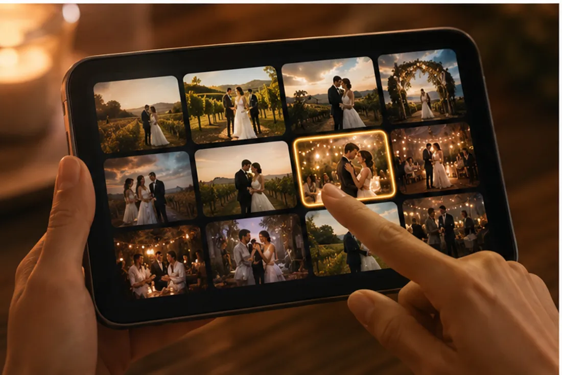 How to make an AI wedding video, step 2 — picking a wedding scene on a tablet