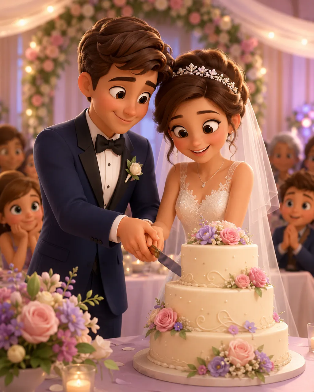 AI cartoon wedding video scene — a 3D animated couple cutting the cake