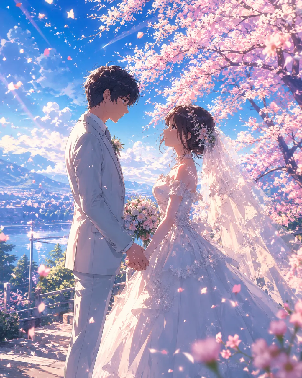 Anime AI wedding video scene — a couple under cherry blossoms