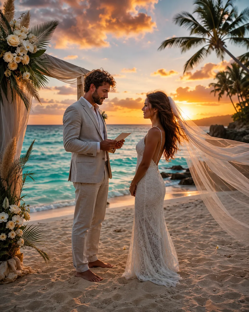 AI wedding video scene — a beach destination wedding at sunset