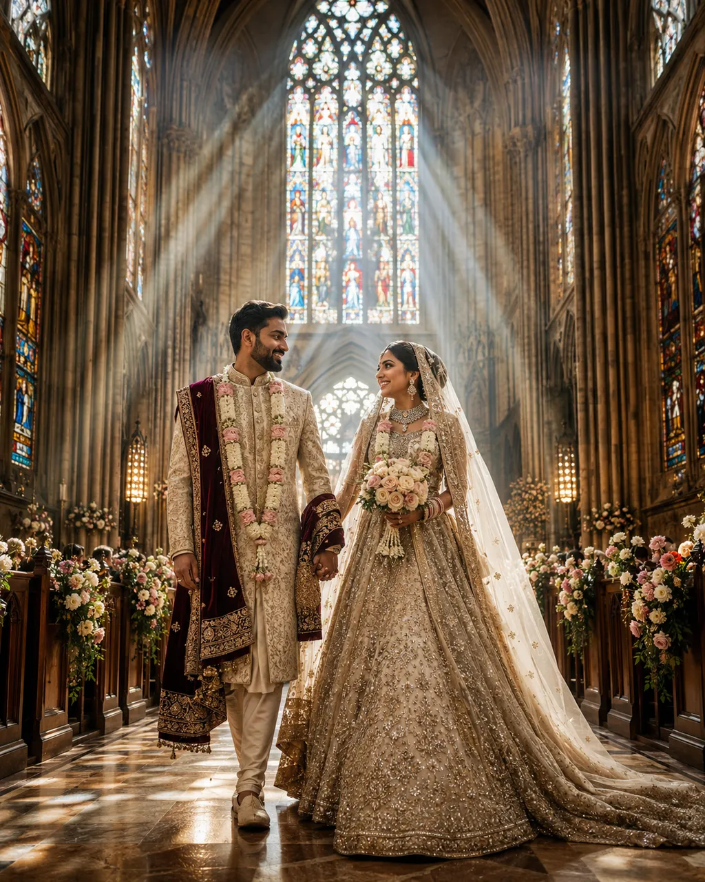 AI wedding video scene — a bride in a cathedral with stained-glass light