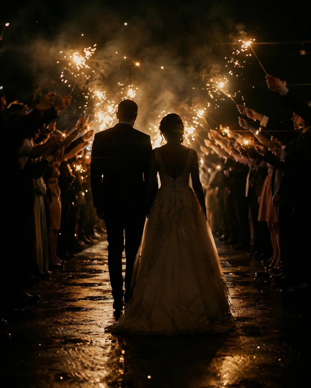 AI wedding highlight video scene — a couple in a sparkler tunnel at night