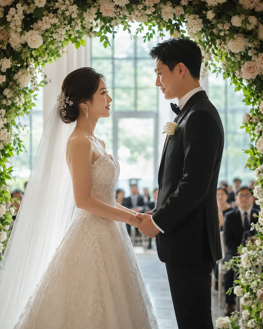 AI wedding video scene — a couple exchanging vows under a floral arch