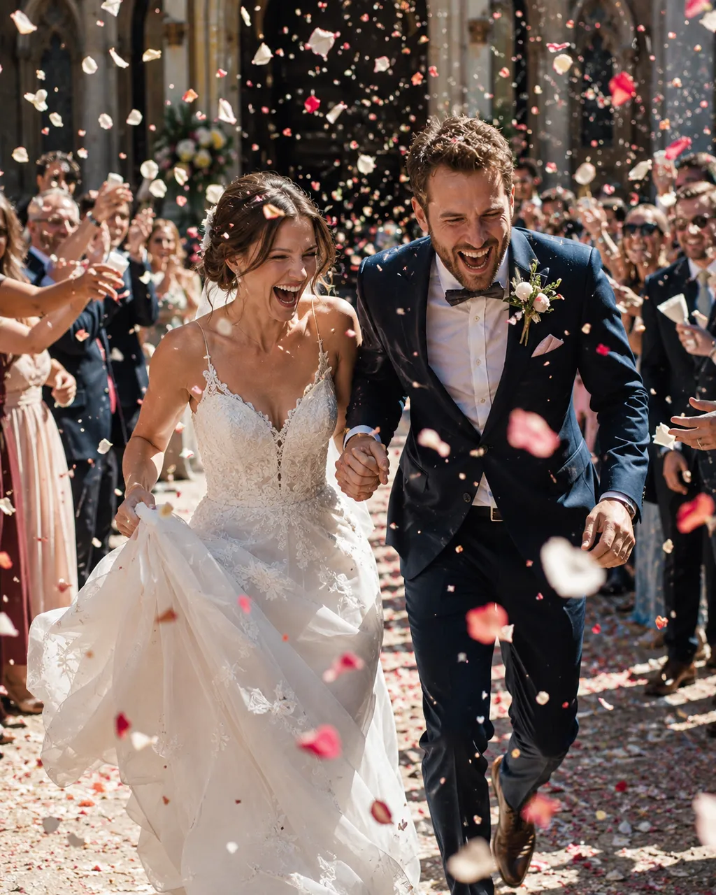 AI wedding video scene — newlyweds in a confetti and petal exit