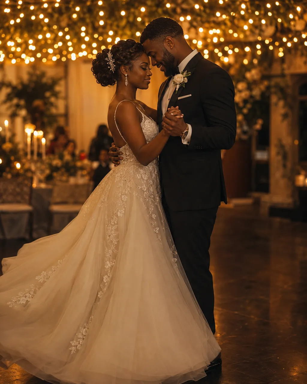 AI wedding video scene — a couple's first dance under reception string lights