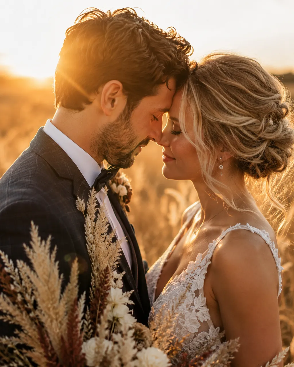 AI wedding video scene — a couple forehead to forehead at golden hour