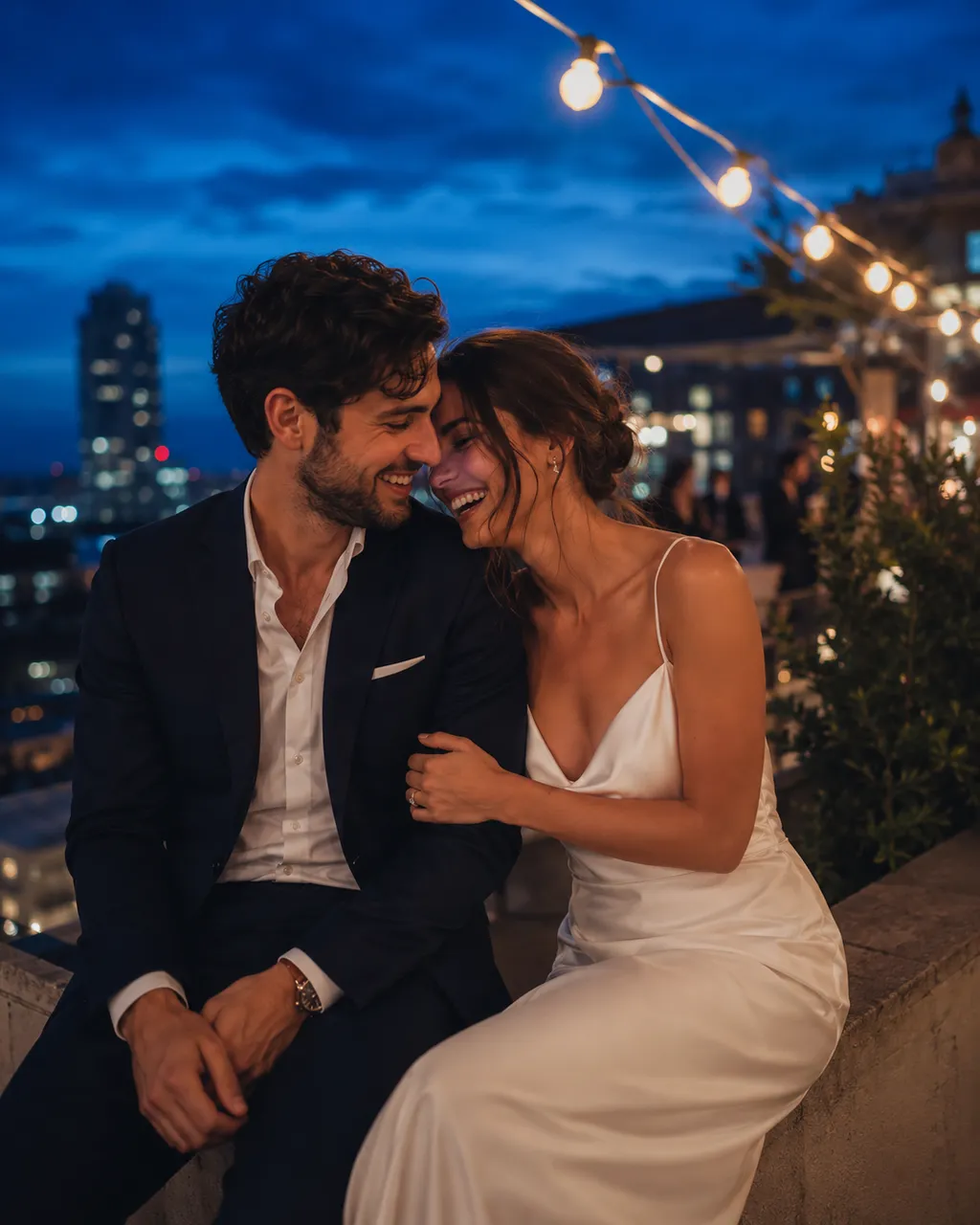 AI pre wedding video scene — a couple on a city rooftop at blue hour