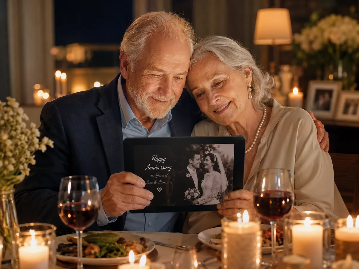 AI wedding video for an anniversary, watched on a tablet by candlelight