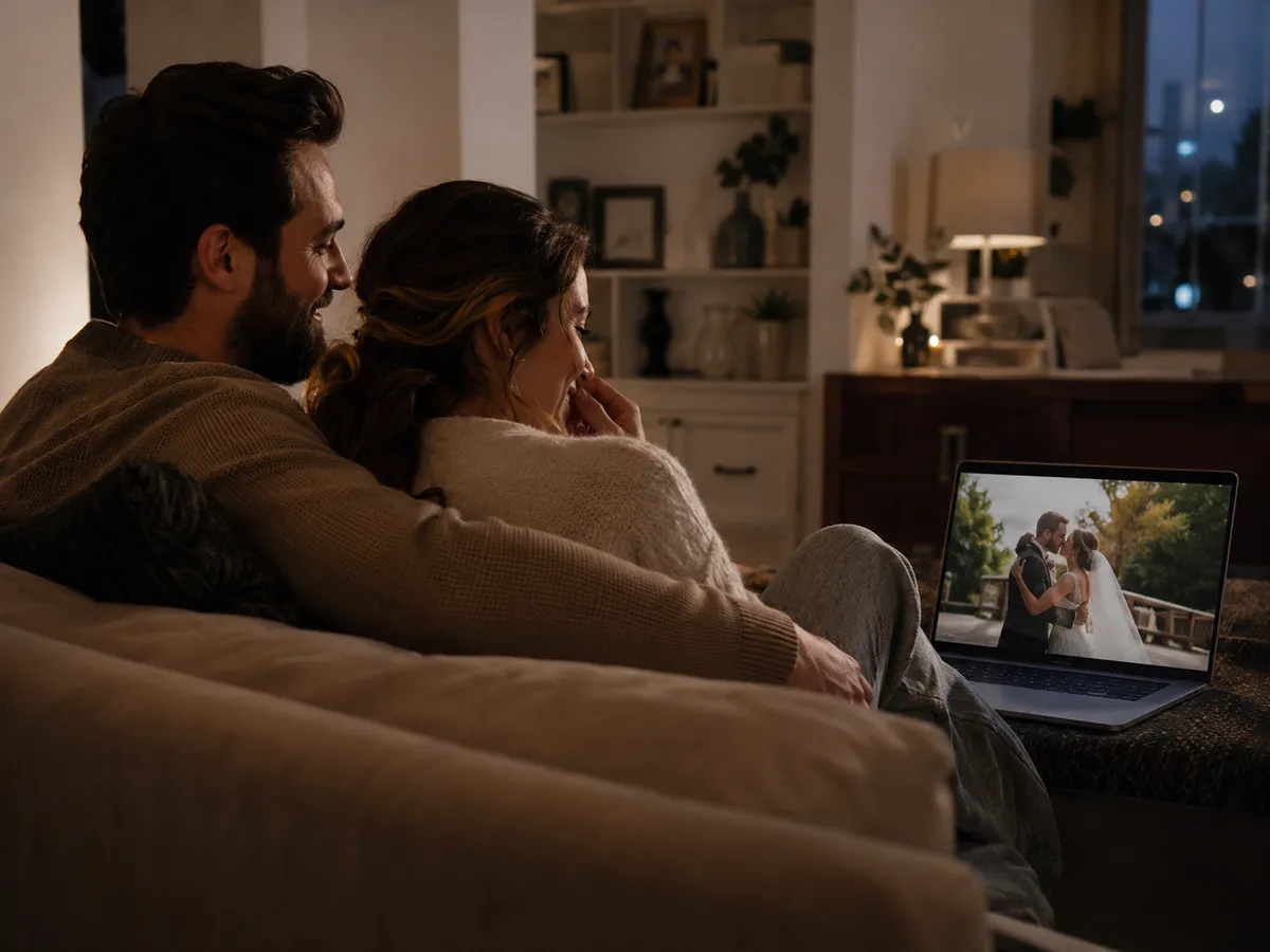 AI wedding highlight video playing on a laptop at home
